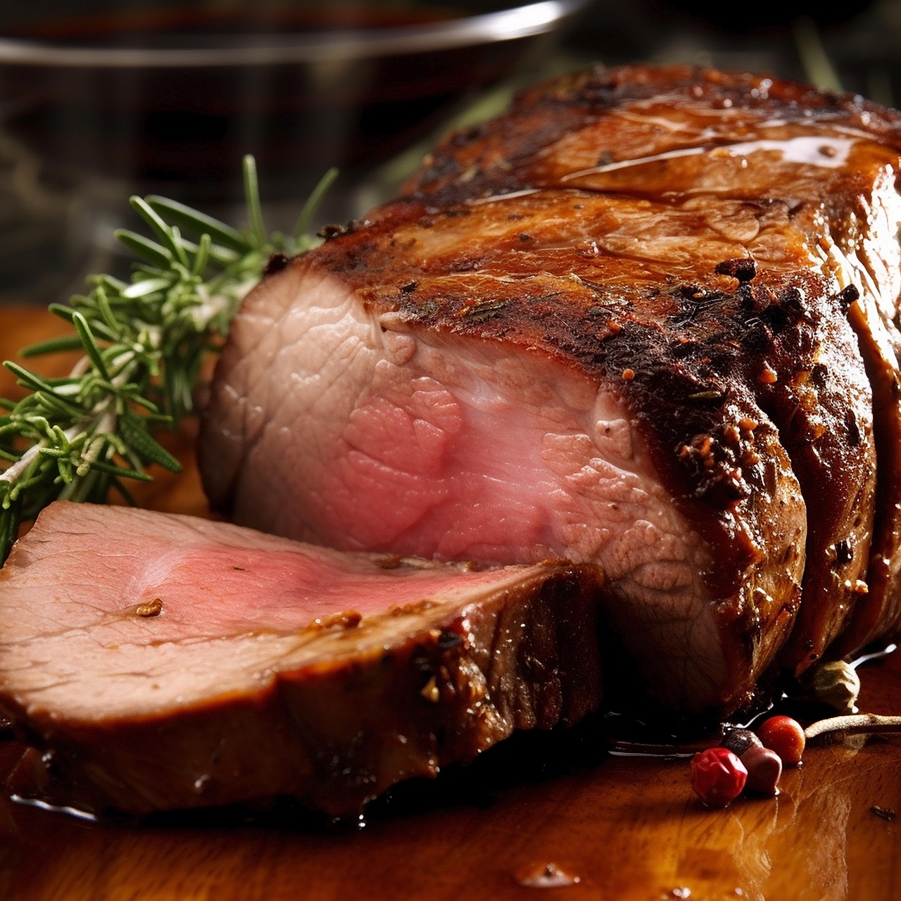 Arrosto succulento su un tagliere, pronto per essere servito, con spezie e ingredienti intorno.