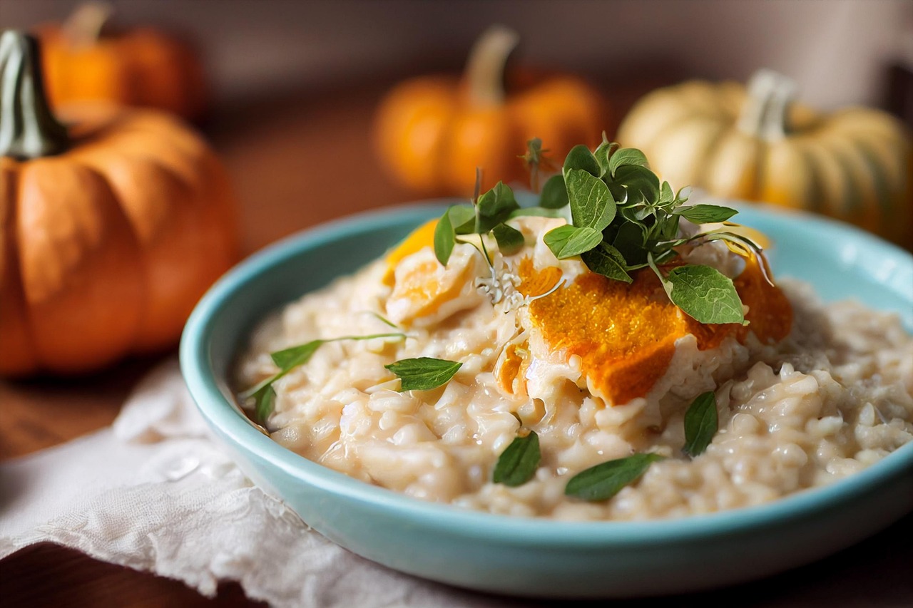 Risotto cremoso con zucca e gorgonzola, servito in un piatto decorato con erbe fresche.